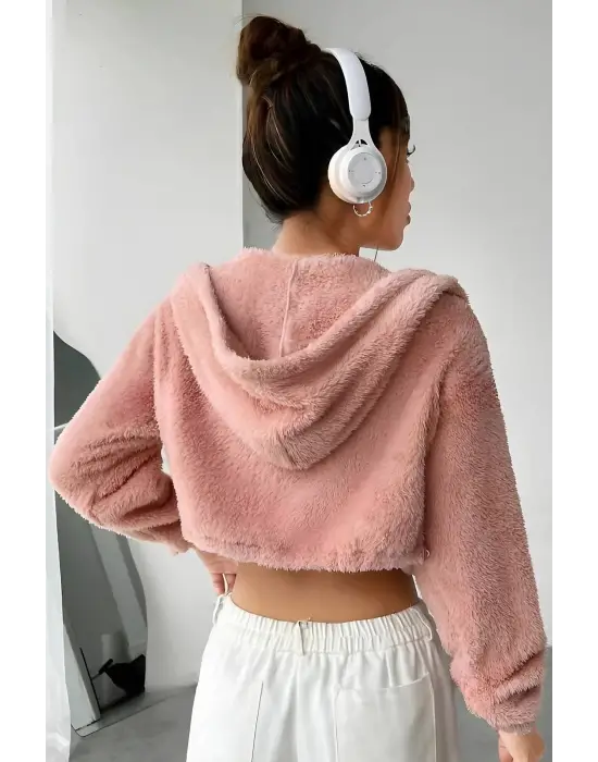 Peluş Ceket Kapşonlu Pudra