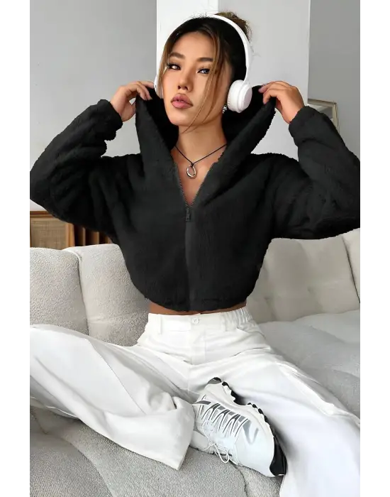 Peluş Ceket Kapşonlu Siyah