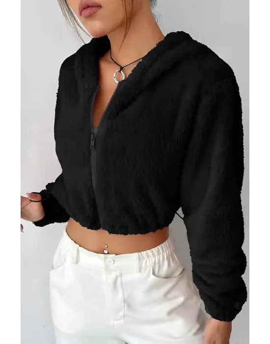 Peluş Ceket Kapşonlu Siyah