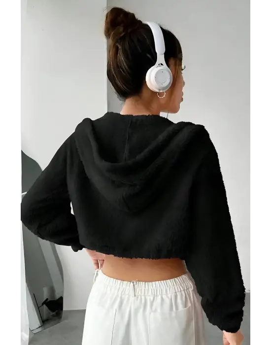 Peluş Ceket Kapşonlu Siyah