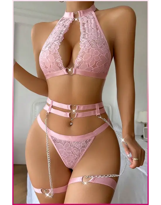 Pembe Dantelli Kalp Detaylı Zincirli Seksi İç Giyim Seti