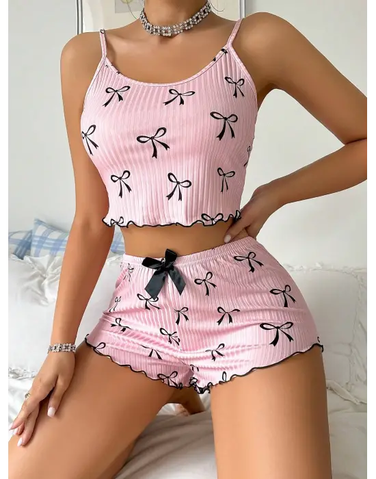 Pembe Fiyonklu Askılı Şortlu Kadın Pijama Takımı, Yumuşak Kumaş, Şık Detaylar,yazlık Kadın Pijama