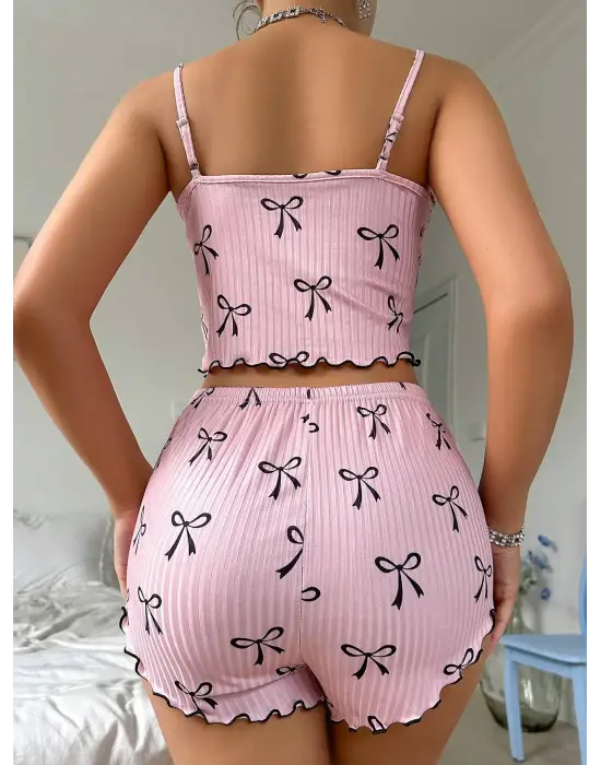 Pembe Fiyonklu Askılı Şortlu Kadın Pijama Takımı, Yumuşak Kumaş, Şık Detaylar,yazlık Kadın Pijama