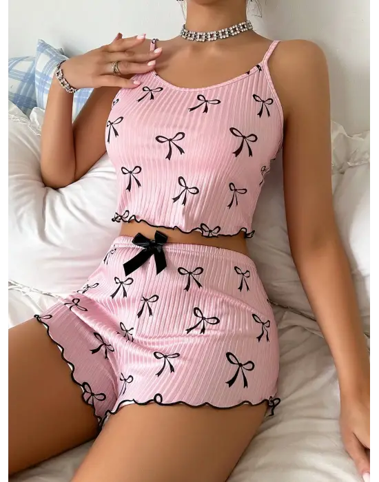 Pembe Fiyonklu Askılı Şortlu Kadın Pijama Takımı, Yumuşak Kumaş, Şık Detaylar,yazlık Kadın Pijama
