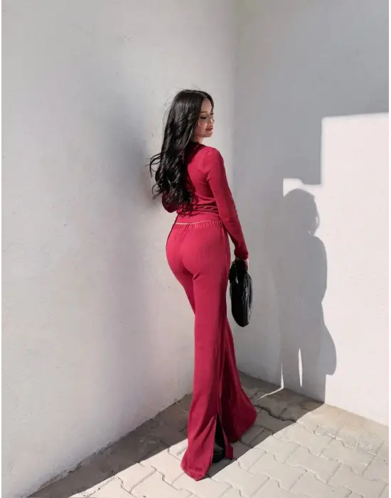 Pencereli Detaylı Alt Üst Takım Bordo W3864