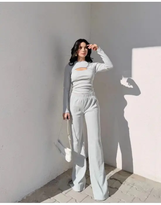 Pencereli Detaylı Alt Üst Takım Gri W3864