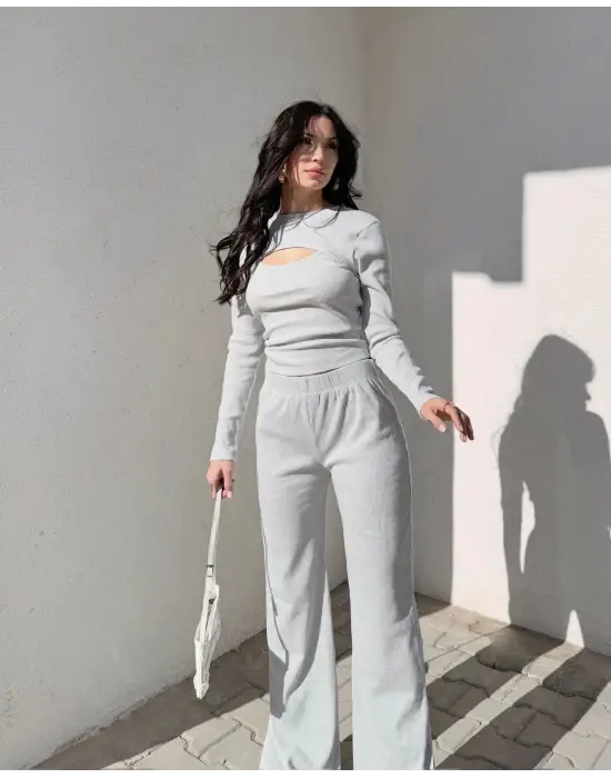 Pencereli Detaylı Alt Üst Takım Gri W3864