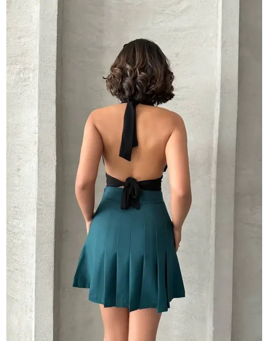 Pileli Düğmeli Etek Yeşil S24811