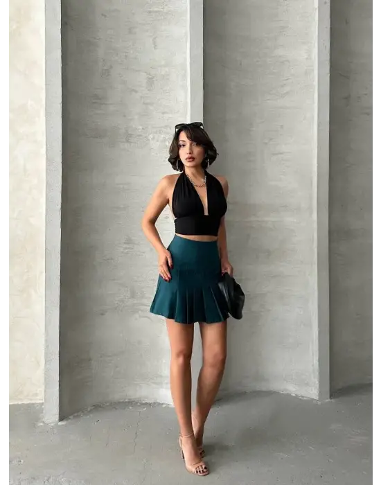 Pileli Düğmeli Etek Yeşil S24811