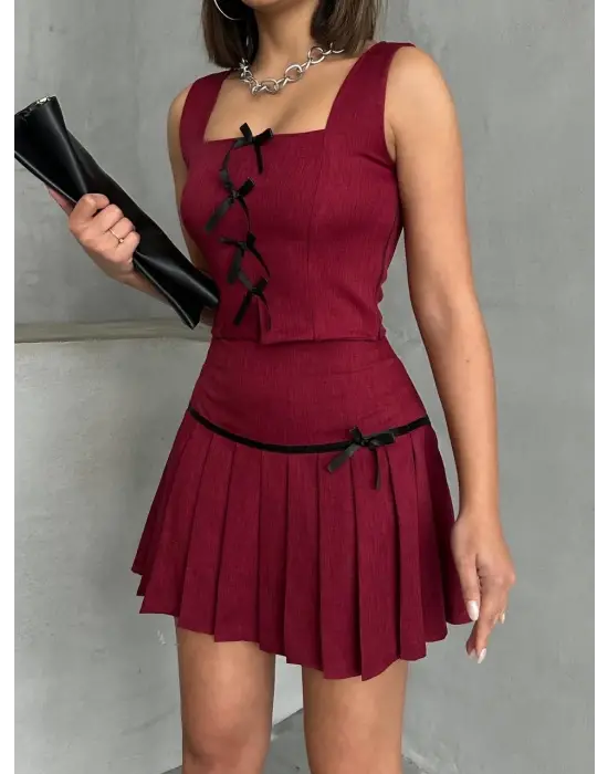 Pileli Etek Yelek Takım Bordo S255015