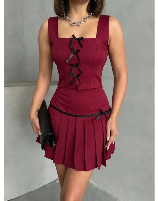 Pileli Etek Yelek Takım Bordo S255015