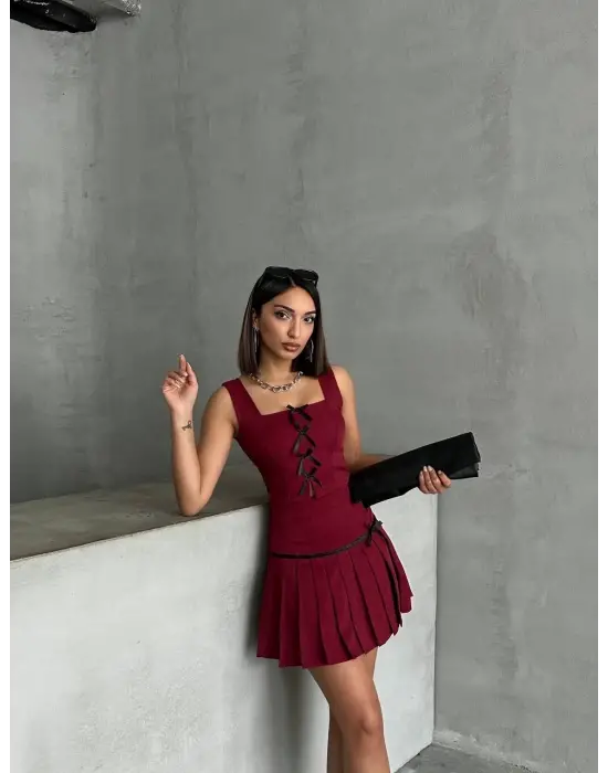 Pileli Etek Yelek Takım Bordo S255015