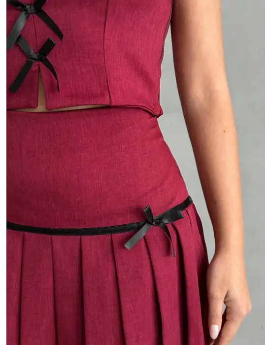 Pileli Etek Yelek Takım Bordo S255015