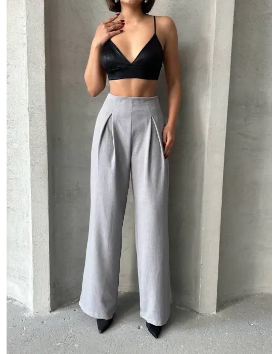 Pileli Keten Pantolon