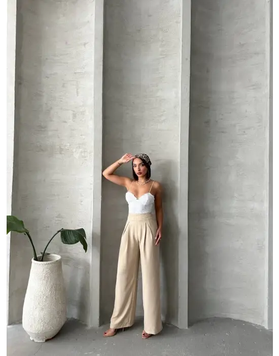 Pileli Keten Pantolon