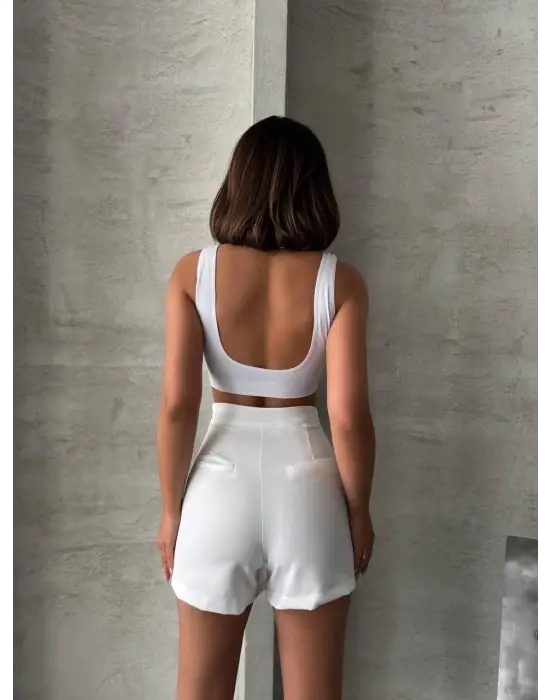 Piliseli Düğmeli Şort Etek Beyaz S25813