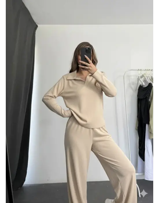 Polo Yaka Alt Üst Kollu Modal Takım Bej Pt