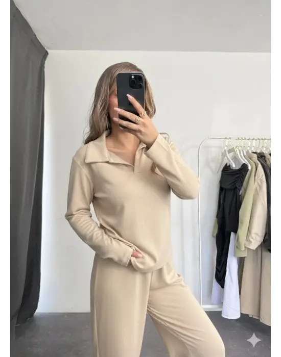 Polo Yaka Alt Üst Kollu Modal Takım Bej Pt