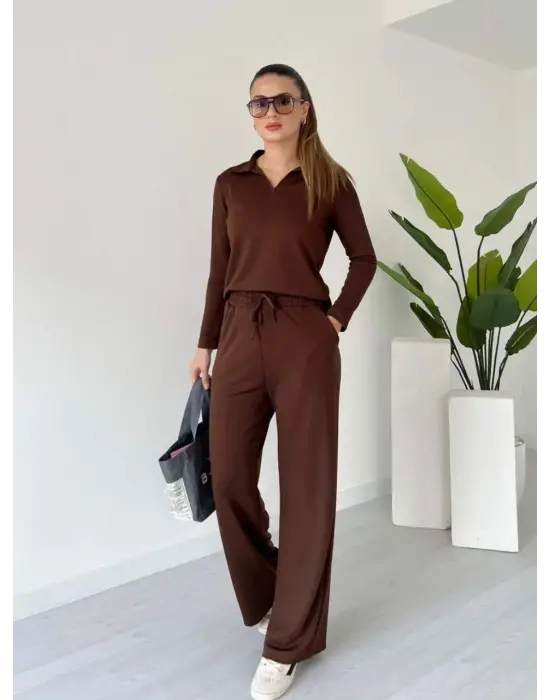 Polo Yaka Alt Üst Kollu Modal Takım Kahve Pt