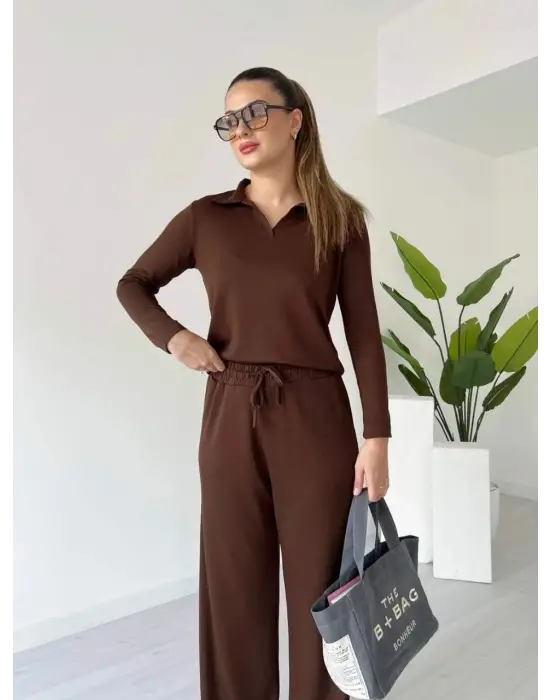 Polo Yaka Alt Üst Kollu Modal Takım Kahve Pt
