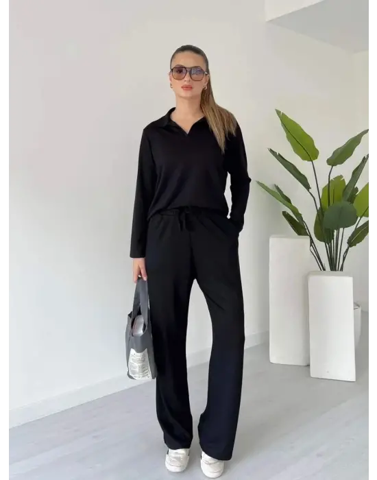 Polo Yaka Alt Üst Kollu Modal Takım Siyah Pt