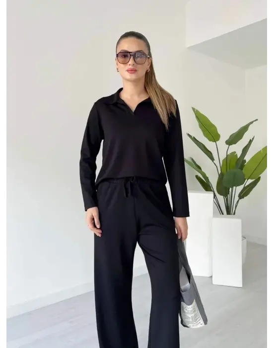 Polo Yaka Alt Üst Kollu Modal Takım Siyah Pt