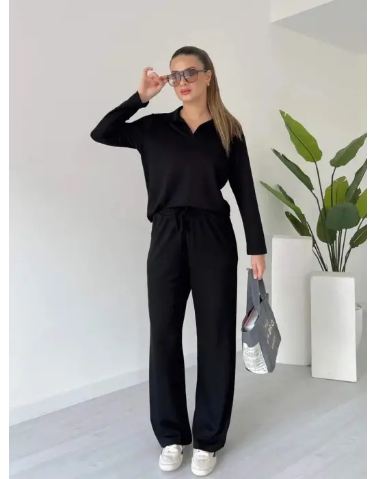 Polo Yaka Alt Üst Kollu Modal Takım Siyah Pt