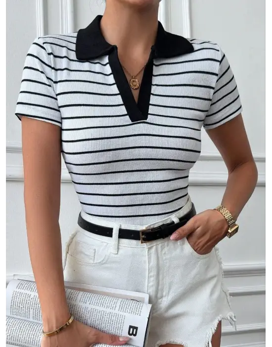 Polo Yaka Garnili Bluz Beyazsiyah