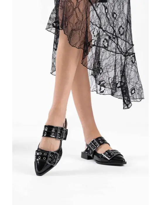 Pony Siyah Rugan Kemer Detaylı Kadın Topuklu Ayakkabı