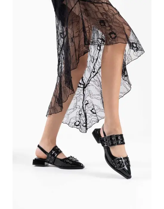 Pony Siyah Rugan Kemer Detaylı Kadın Topuklu Ayakkabı