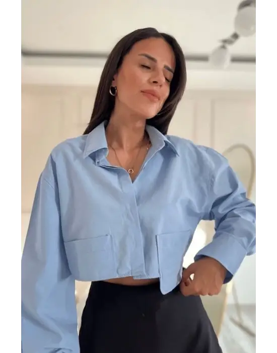 Poplin Crop Gömlek Mavi S3060