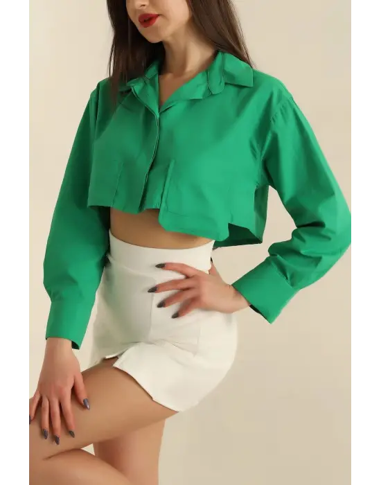Poplin Crop Gömlek Yeşil S3060