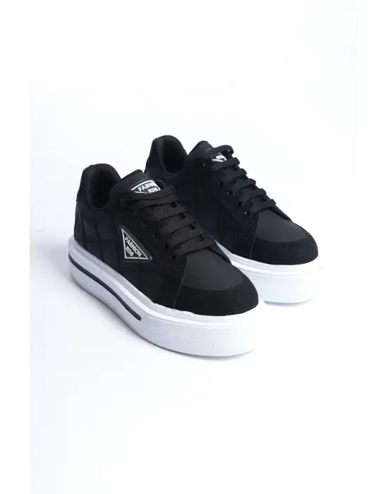 Prag Bağcıklı Ortopedik Taban Desenli Kadın Sneaker Spor Ayakkabı  Bt - Siyah
