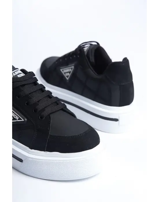 Prag Bağcıklı Ortopedik Taban Desenli Kadın Sneaker Spor Ayakkabı  Bt - Siyah