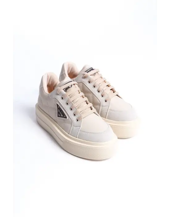 Prag Bağcıklı Ortopedik Taban Desenli Kadın Sneaker Spor Ayakkabı  Kt - Krem