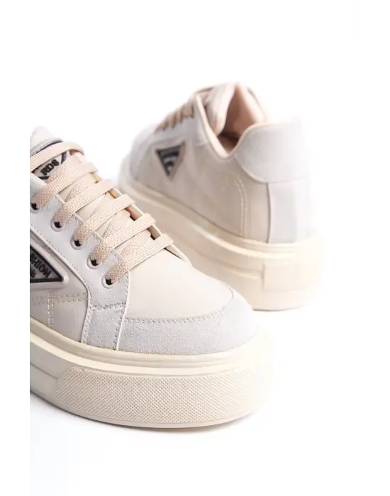 Prag Bağcıklı Ortopedik Taban Desenli Kadın Sneaker Spor Ayakkabı  Kt - Krem
