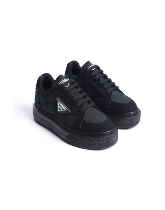 Prag Bağcıklı Ortopedik Taban Desenli Kadın Sneaker Spor Ayakkabı  St - Siyah