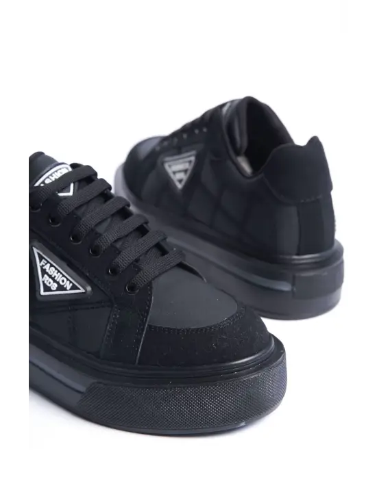 Prag Bağcıklı Ortopedik Taban Desenli Kadın Sneaker Spor Ayakkabı  St - Siyah