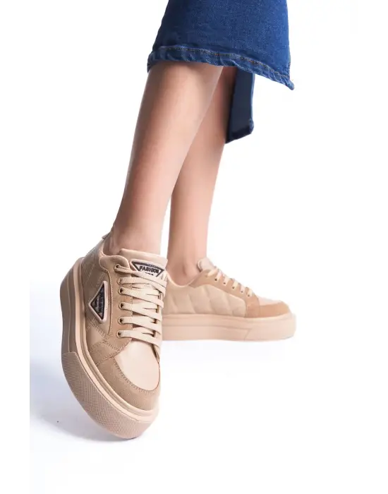 Prag Bağcıklı Ortopedik Taban Desenli Kadın Sneaker Spor Ayakkabı Tt - Ten