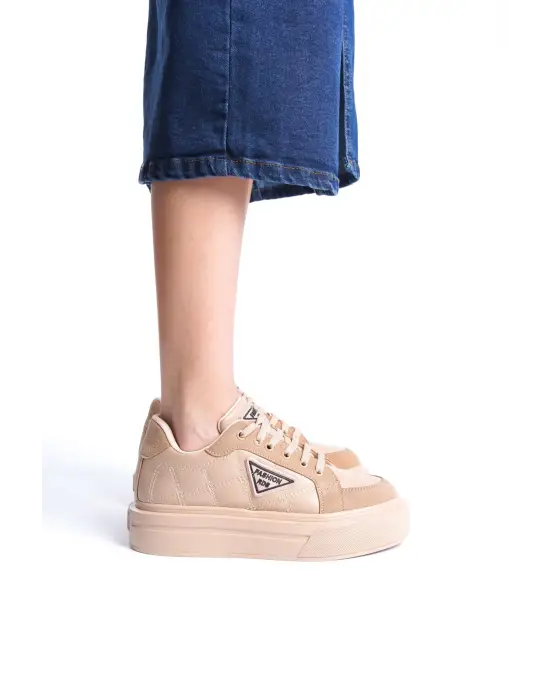 Prag Bağcıklı Ortopedik Taban Desenli Kadın Sneaker Spor Ayakkabı Tt - Ten