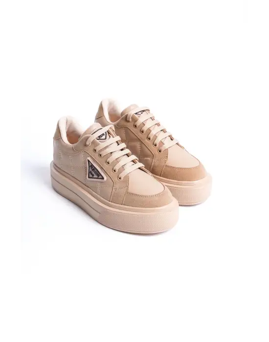 Prag Bağcıklı Ortopedik Taban Desenli Kadın Sneaker Spor Ayakkabı Tt - Ten