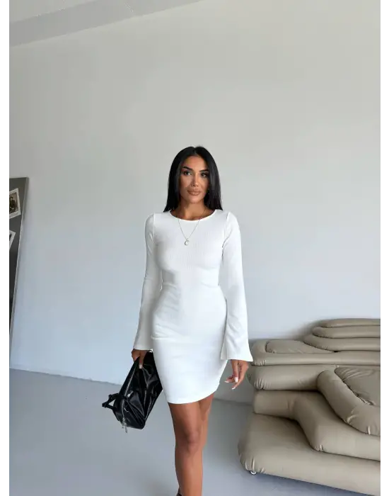 Prenses Kol Esnek Kumaş Elbise Beyaz F2334