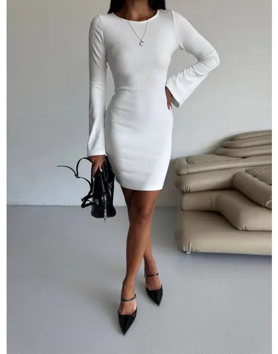 Prenses Kol Esnek Kumaş Elbise Beyaz F2334