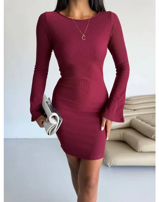 Prenses Kol Esnek Kumaş Elbise Bordo F2334