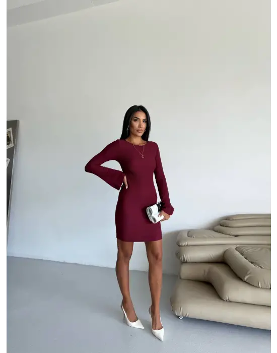 Prenses Kol Esnek Kumaş Elbise Bordo F2334