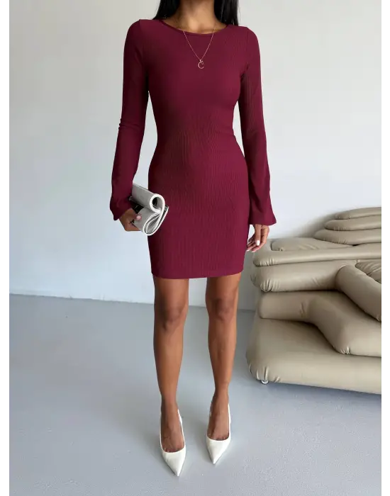 Prenses Kol Esnek Kumaş Elbise Bordo F2334