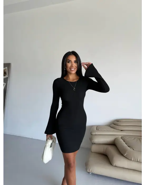 Prenses Kol Esnek Kumaş Elbise Siyah F2334