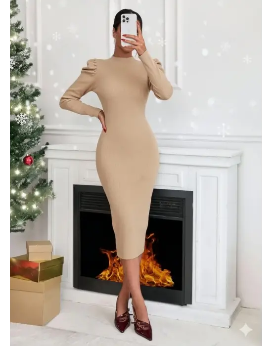 Prenses Kol Kaşkorse Elbise Bej A3691