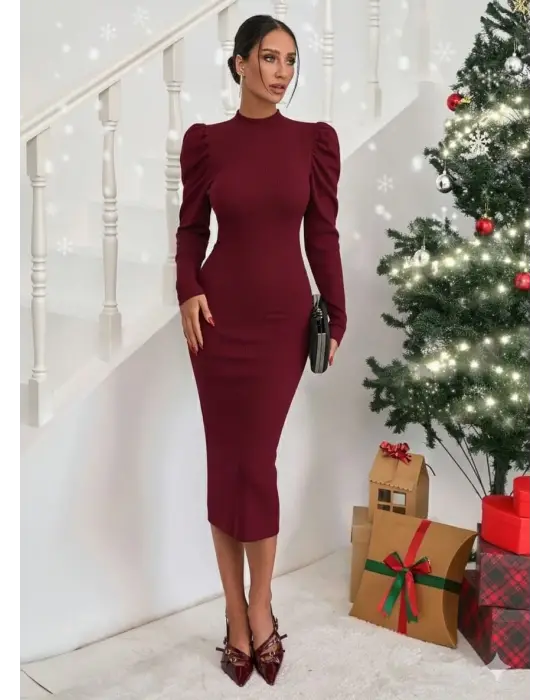 Prenses Kol Kaşkorse Elbise Bordo A3691