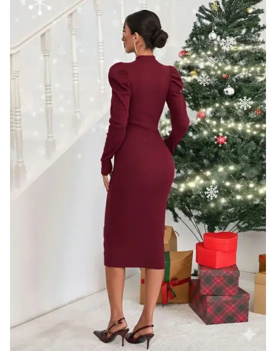 Prenses Kol Kaşkorse Elbise Bordo A3691